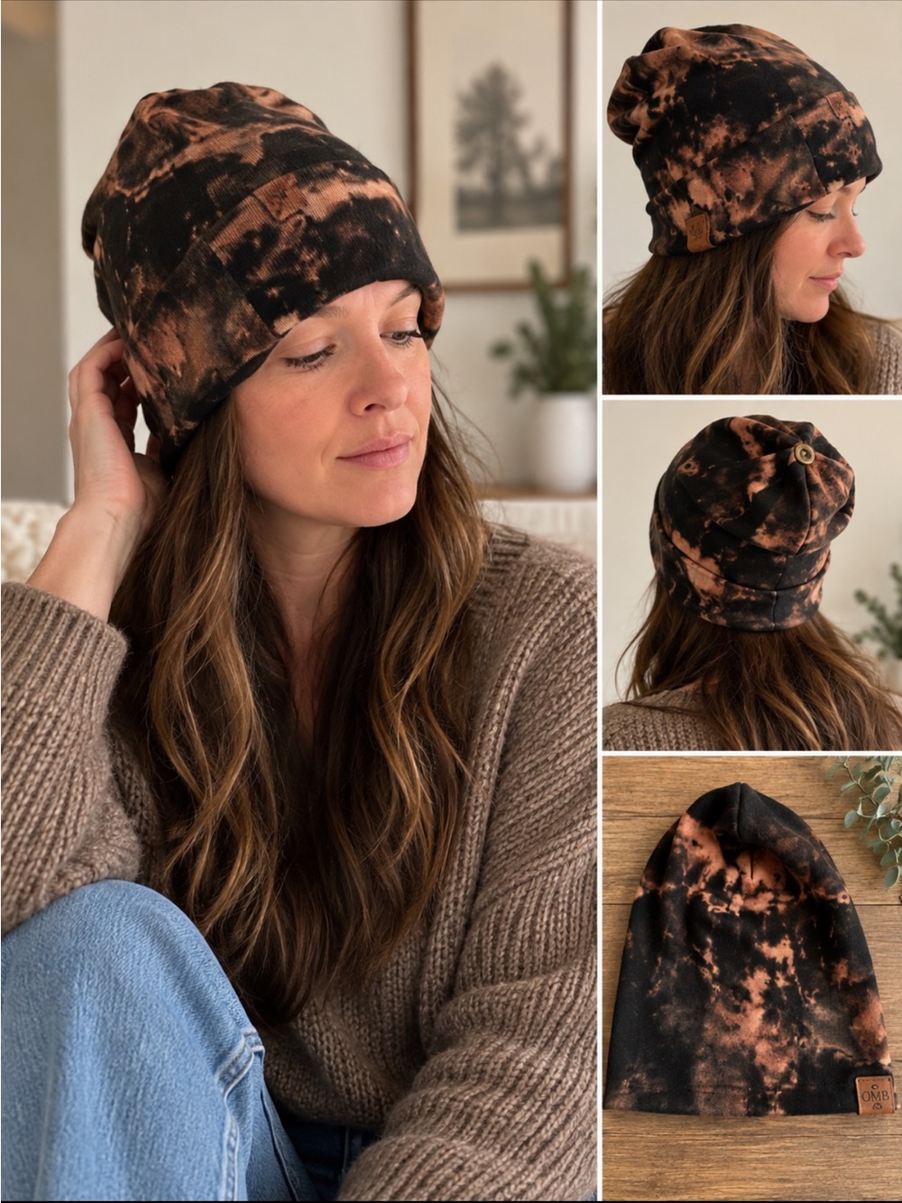 Handmade Artisan Black & Rust Tie Dye Beanie Hat One of a Kind